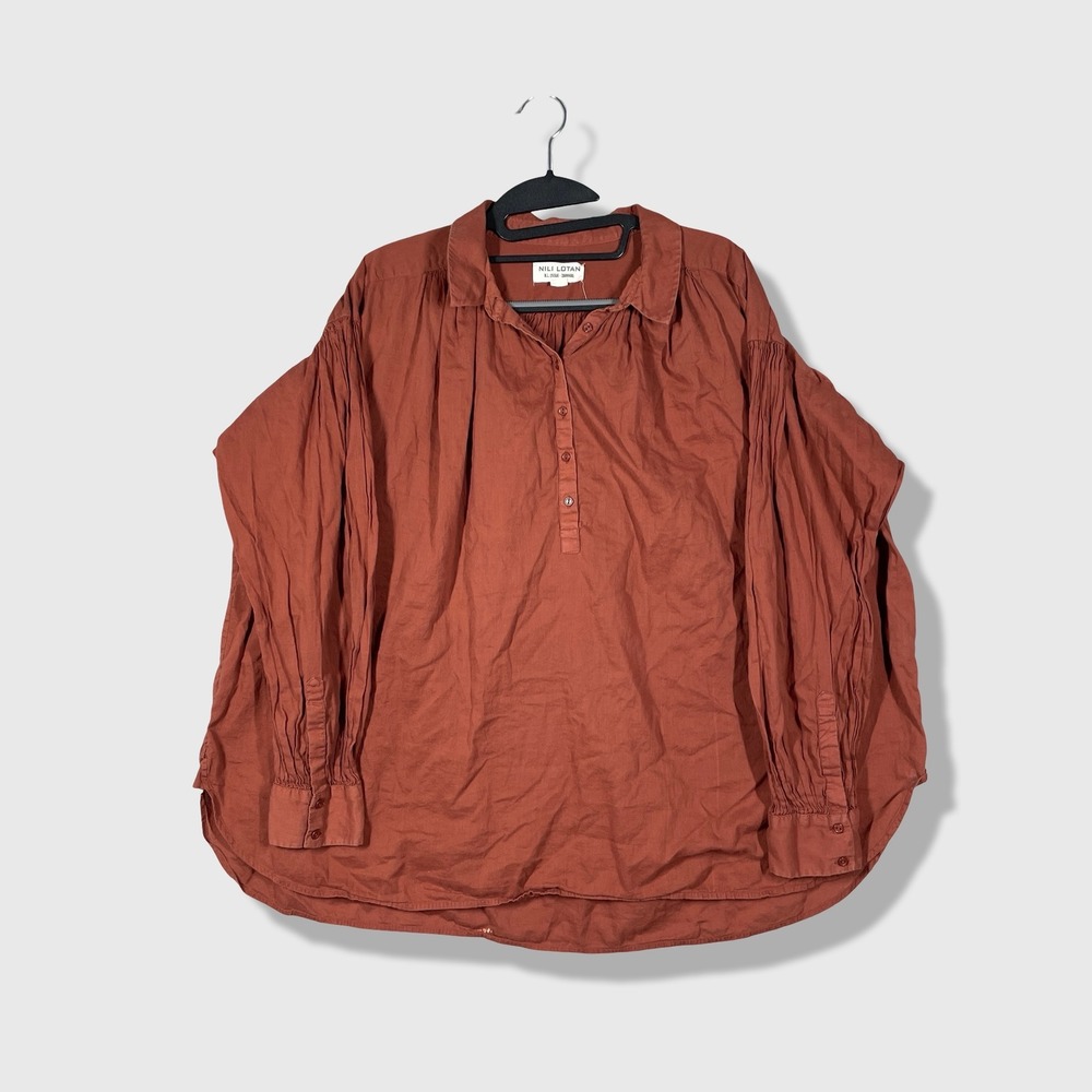 Nili Lotan Henley Blouse Womens L Rust Brown Boho Minimalist Coastal Lagenlook